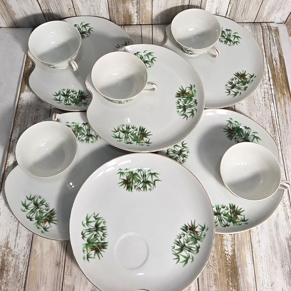 Vintage Crown‎ China Japan Bamboo Snack Plates Set of 6 Gold Rim Scalloped Edge